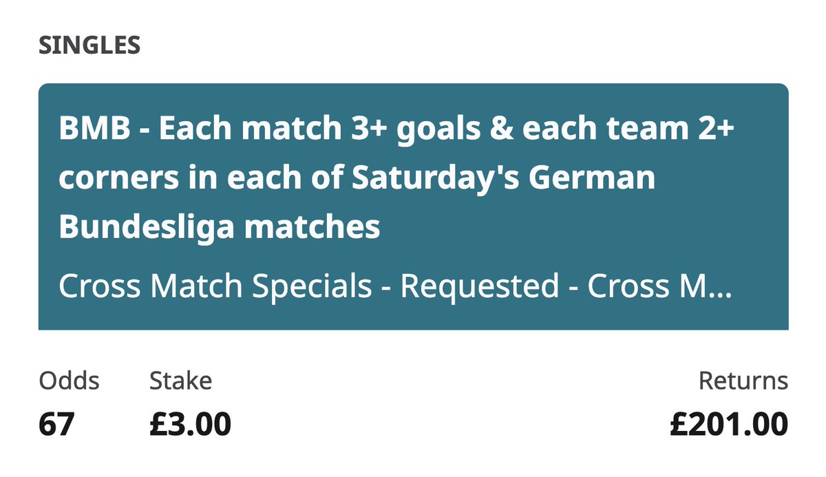 BadManBetting's tweet photo. 🚀 MY BUNDESLIGA BOOST IS READY TO GO AT 66/1!

This is a beauty of a price for the final day of the season in Germany. The same bet is as low as 30/1 elsewhere.

Smash a ❤️ if you want a link. https://t.co/psAqbzHtyi