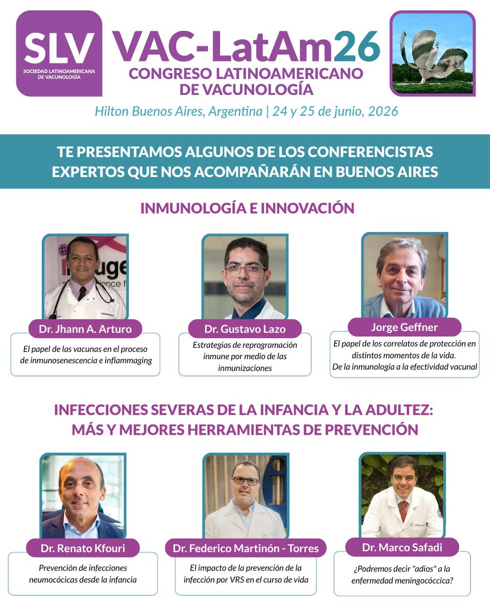 SLVSociedad's tweet photo. 🌎 Ya se confirmaron algunos de los expertos que participarán en #VACLatAm26.

🧬 Innovación, inmunología, IA y prevención en el Congreso Latinoamericano de Vacunología.

📍 Buenos Aires | 📅 24 y 25 de junio de 2026
🔗 https://t.co/Yu3hKcpE2C https://t.co/Olk30JJztS