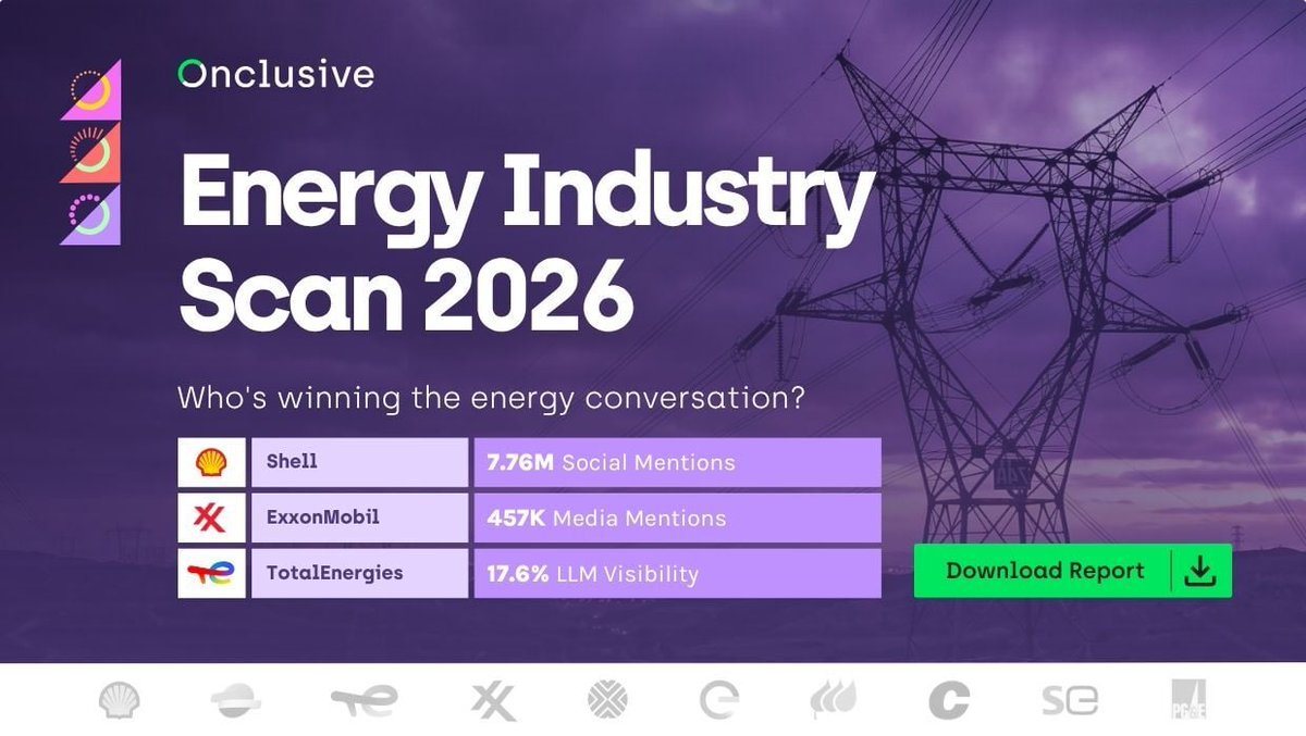 Onclusive's tweet photo. The energy sector is one of the loudest in media, especially this year amid geopolitical events. 

But which companies are driving the conversation? 

Download our Energy Industry Scan 2026 to learn more 👉 https://t.co/00z2xu7HFS https://t.co/I3EjwfpCZC