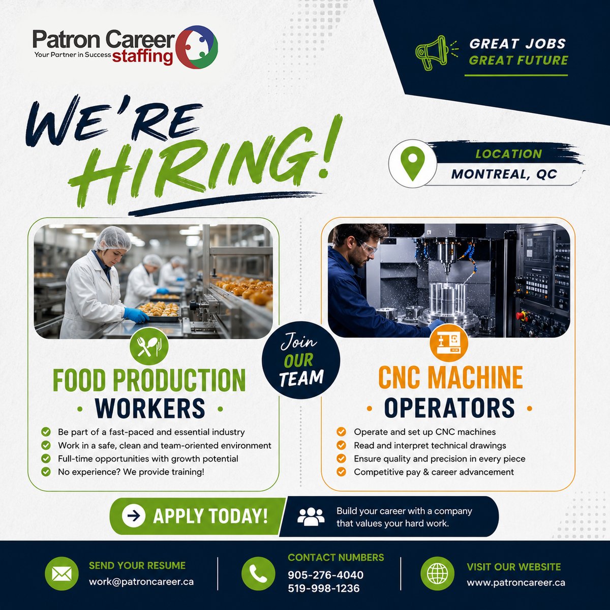 PatronStaffing's tweet photo. π¨Now Hiring: Multiple Positions β Montreal,QC
Positions
βοΈFood Production Workers
βοΈCNC Machine Operators
πApply now: https://t.co/8jGjJN9H6K
π©Send CV: work@patroncareer.ca
πCall: 905-276-4040
#NowHiring #MontrealJobs #FoodProductionJobs #MachineOperator #QuebecJobs https://t.co/nHQ1oXyDGo