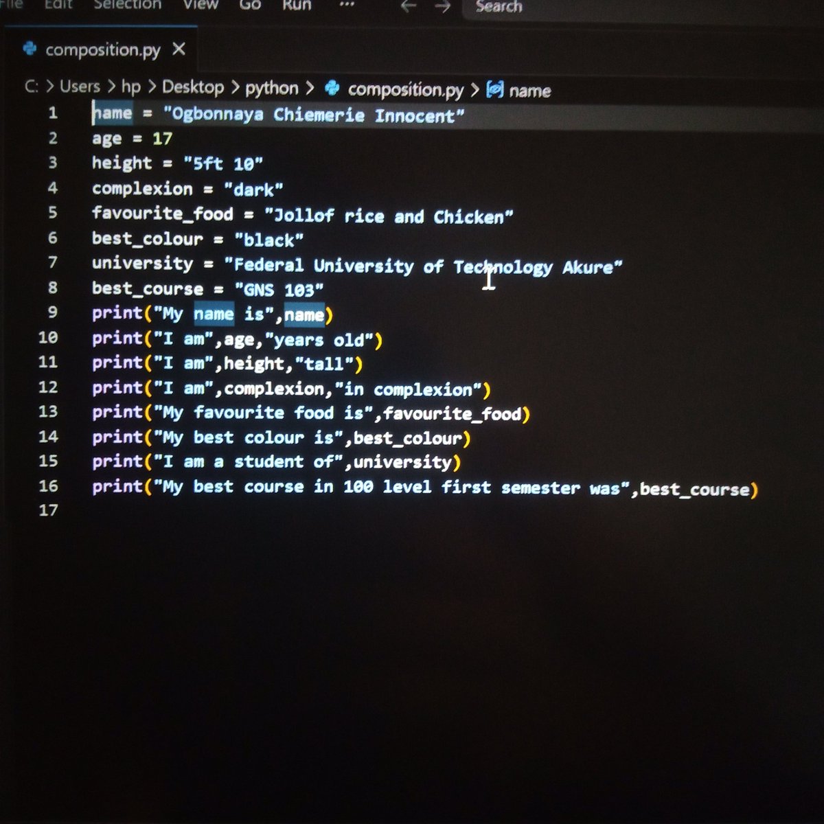 Emmy_cent08's tweet photo. So this morning I learnt how to assign data to variables and also how to use the print() function in python  and so I used it to write a little composition about myself😁. https://t.co/KKP3AhuqrZ