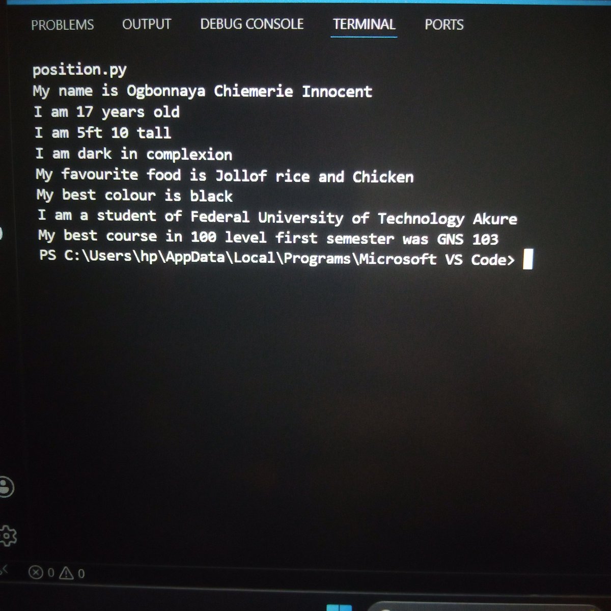 Emmy_cent08's tweet photo. So this morning I learnt how to assign data to variables and also how to use the print() function in python  and so I used it to write a little composition about myself😁. https://t.co/KKP3AhuqrZ