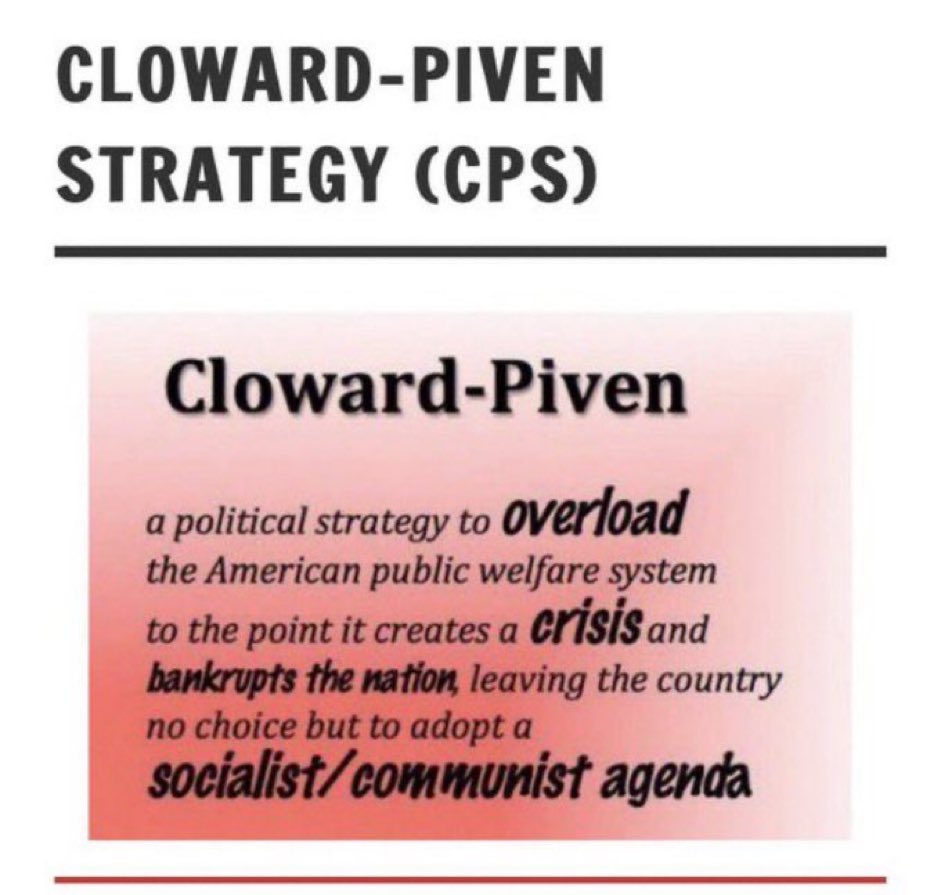 Wisevaper's tweet photo. @GuntherEagleman Everything from mass immigration, the courts, stolen elections etc is to support the Cloward-Piven Strategy. https://t.co/rMfHLImedl