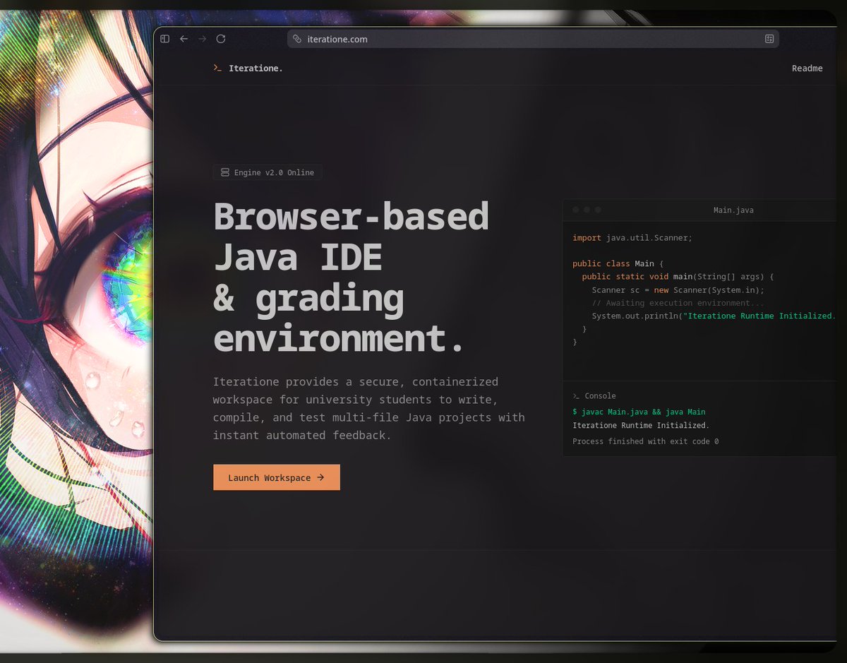 iinvct's tweet photo. Excited to finally launch Iteratione!
A sleek, browser-based Java IDE &amp; auto-grading environment built specifically for students. ☕️💻
✅ Zero local setup
✅ Secure, containerized workspaces
✅ Instant automated feedback on multi-file projects
Try it out: https://t.co/R8jfh3fpZ5 https://t.co/jaYsgKbuMi