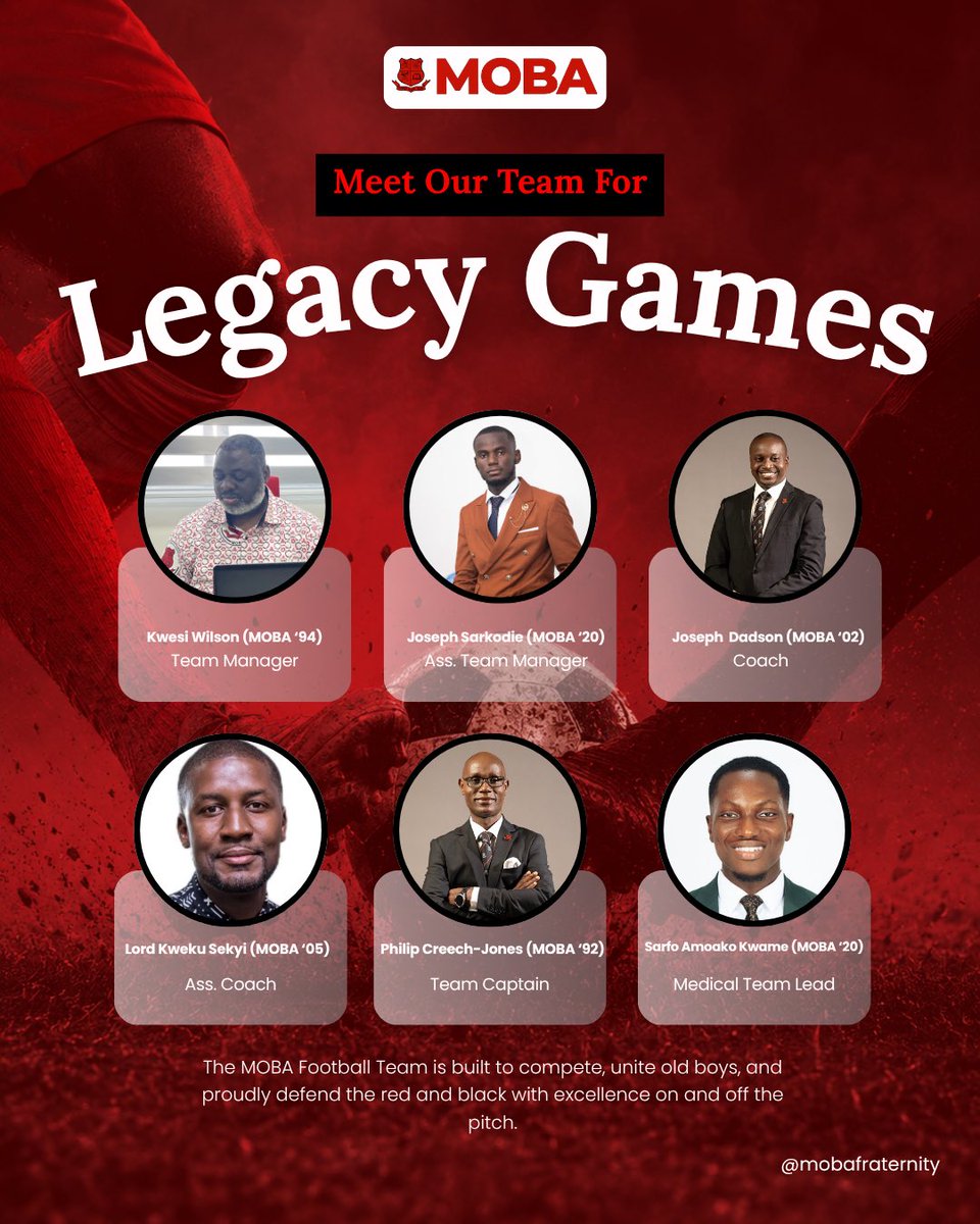 mobafraternity's tweet photo. 🔴⚫️ The Kwabotwe Winners Circle!
MOBA is ready for the Inter-Alumni Games on May 30th at Achimota Park. Boots laced, strategy locked, victory in sight. Dwen Hwe Kan! ⚽️
#MOBAFootball #MOBAFraternity #Kwabotwe #DwenHweKan https://t.co/uIWM3AxOFg