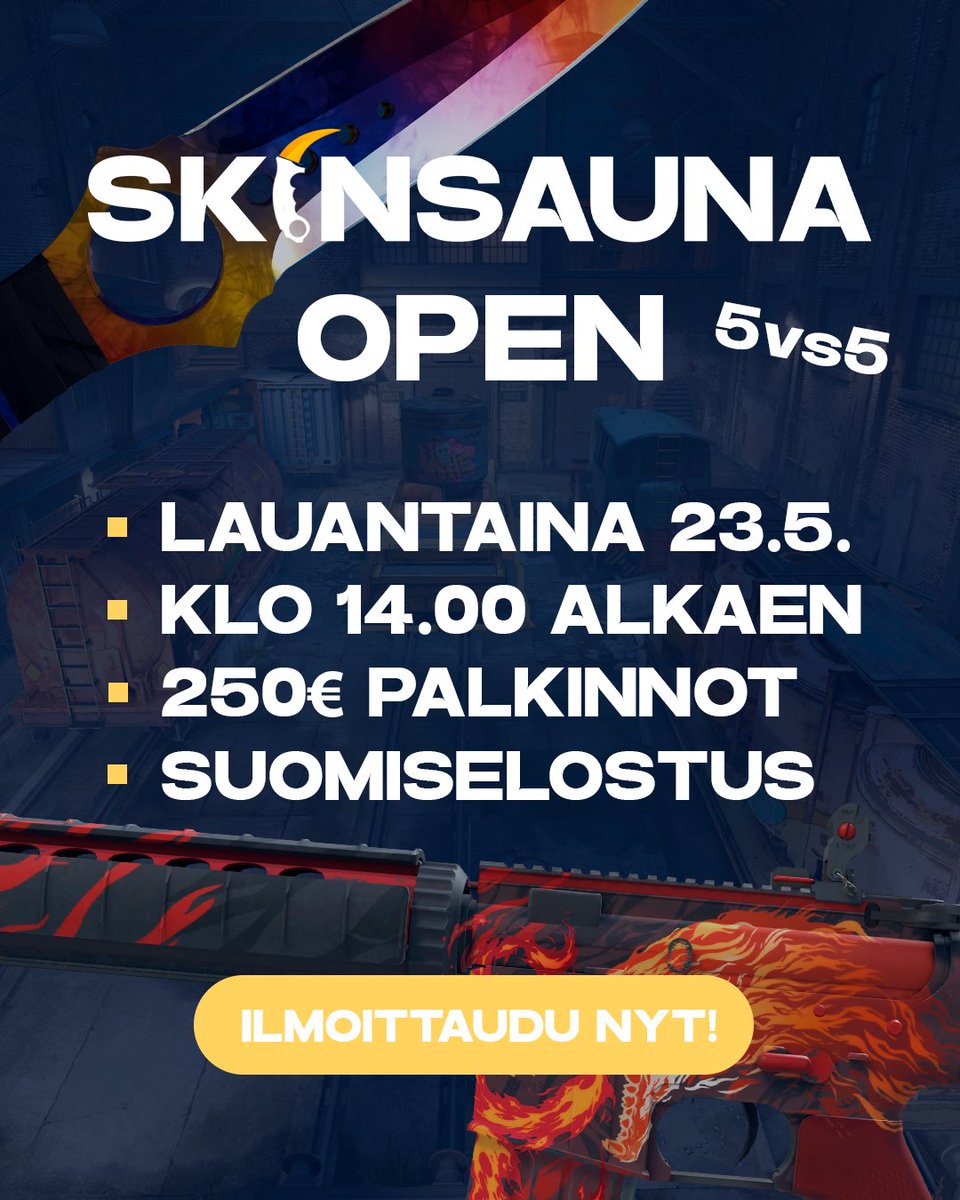 pelia_ry's tweet photo. Kesän koputellessa jo ovella, on aika julkaista jälleen uusi turnaus! PELIÄ ry yhteistyössä @skinsauna kanssa julkaisee uuden Skinsauna Open 5vs5 turnauksen! 🤝

🏆 Skinsauna Open
📅 Lauantaina 23.5. klo 14:00
💰 250€ palkintopotti
📺 Striimit suomiselostuksella

Ilmoittaudu mukaan: https://t.co/RwTmemazj1

#esportsfi #PELIÄ #SkinsaunaOpen