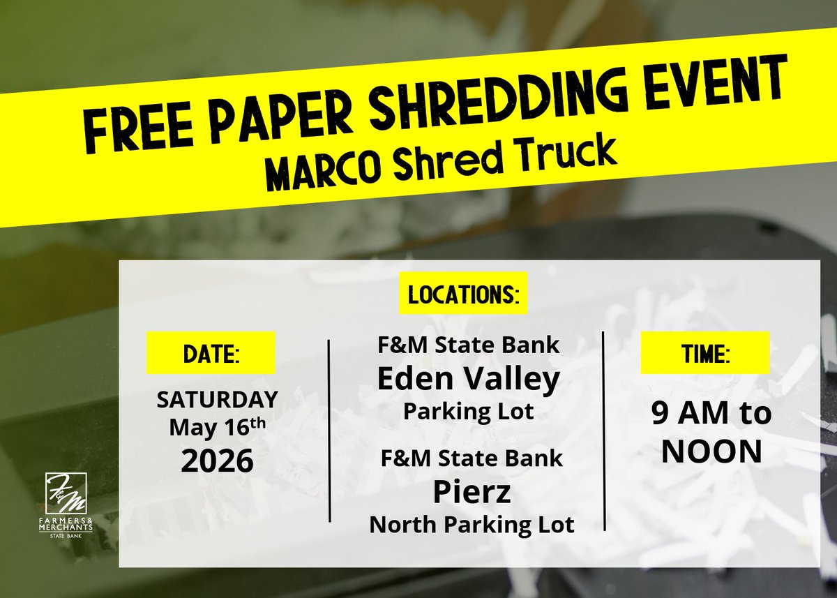 FarmMerchants's tweet photo. The last of our three FREE paper shredding events are happening tomorrow at our Farmers &amp; Merchants State Bank Eden Valley and Pierz locations. Everyone is invited to bring in confidential papers you've been wanting to shred.  Please NO early drop-offs for security reasons. https://t.co/G96FnOVoLQ