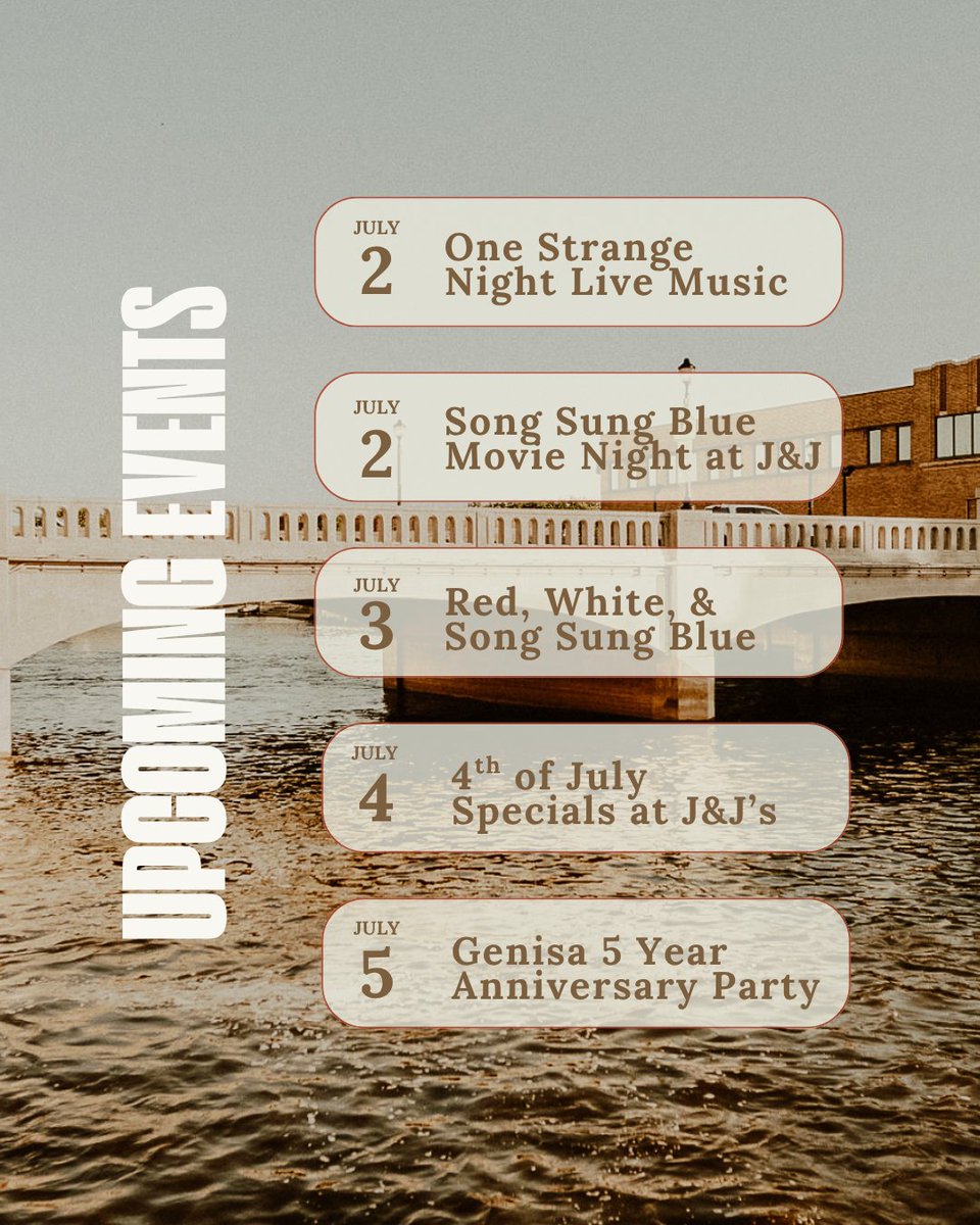 genisawinebar's tweet photo. Here’s what’s coming up at Genisa + Jack &amp; Jenny’s:

🎶 7/2 - Live music on the patio from 6-9PM
🍿 7/2 - Song Sung Blue movie night from 5-8PM
🇺🇸 7/3 - "Red, White &amp; Song Sung Blue" concert
🍔 7/4 - Independence Day specials at Jack &amp; Jenny’s
🥂 7/5 - Genisa’s 5-Year Anniversary https://t.co/nXN5yMX8G1