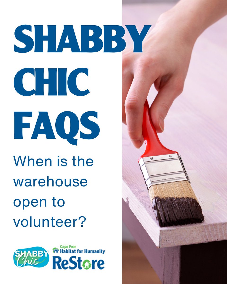 CapeFearReStore's tweet photo. The shifts are usually 10am–1pm &amp; 1pm–5pm Monday-Saturday, but you’re welcome to come at a time that fits your schedule!

Get creative w/ our #ShabbyChic Program! It lets you restore furniture &amp; donate your piece back to the ReStore.

Email ReStoreVC@capefearhabitat.org to start. https://t.co/Xmo0GVICnU