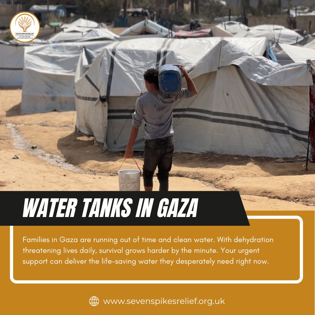 7Spikes_Relief's tweet photo. Thousands of displaced families in Gaza face critical water shortages. We're on the ground delivering fresh water to camps, but need your Sadaqah to keep trucks moving. 

Provide a vital lifeline today 💧→ https://t.co/cBUU02vHBt

#Gaza #CleanWater #Sadaqah https://t.co/MOXOKc6Xip