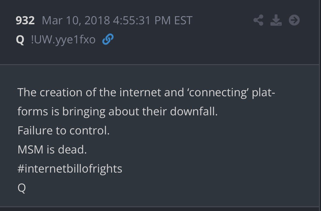 CaptKylePatriot's tweet photo. 💥Dropping 3 albums is cool but we're still on ENERGY.
@ENERGY
💥Timestamp 9:32
💥Qpost# 932
The creation of the internet and ‘connecting’ platforms is bringing about their downfall.
Failure to control.
MSM is dead.
#internetbillofrights
Q
@CaptKylePatriot https://t.co/byADaH6aGY