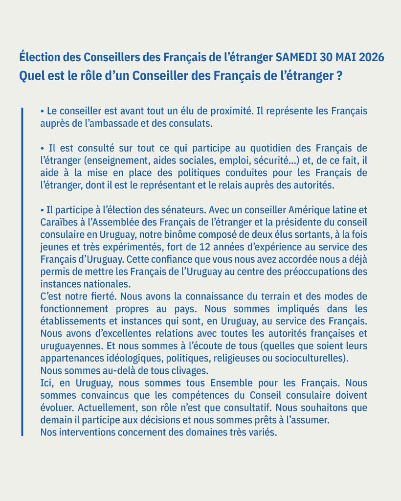 mbiurrun's tweet photo. 🇫🇷🗳️ Ce mois de mai auront lieu les élections des Conseillers des Français de l’Étranger !

Nous vous invitons à renouveler votre confiance en notre équipe, présente dans les commissions consulaires depuis 2011 et élue depuis 2014 au Conseil consulaire, depuis 2021 à l’Assemblée des Français de l’Étranger et depuis 2022 au conseil d’administration de l’AEFE.

Découvrez ici nos réalisations, nos propositions ainsi que les domaines dans lesquels nous souhaitons redoubler d’efforts afin de continuer à vous représenter et à défendre vos intérêts.

📍 Vote à l’urne le 30 mai à l’Ambassade de France à Montevideo  
💻 Vote par internet du 22 au 26 mai inclus  
⏰ Le portail de vote en ligne fermera le 27 mai à 7 h (heure de Montevideo).