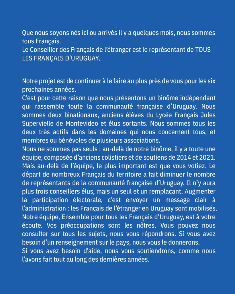 mbiurrun's tweet photo. 🇫🇷🗳️ Ce mois de mai auront lieu les élections des Conseillers des Français de l’Étranger !

Nous vous invitons à renouveler votre confiance en notre équipe, présente dans les commissions consulaires depuis 2011 et élue depuis 2014 au Conseil consulaire, depuis 2021 à l’Assemblée des Français de l’Étranger et depuis 2022 au conseil d’administration de l’AEFE.

Découvrez ici nos réalisations, nos propositions ainsi que les domaines dans lesquels nous souhaitons redoubler d’efforts afin de continuer à vous représenter et à défendre vos intérêts.

📍 Vote à l’urne le 30 mai à l’Ambassade de France à Montevideo  
💻 Vote par internet du 22 au 26 mai inclus  
⏰ Le portail de vote en ligne fermera le 27 mai à 7 h (heure de Montevideo).