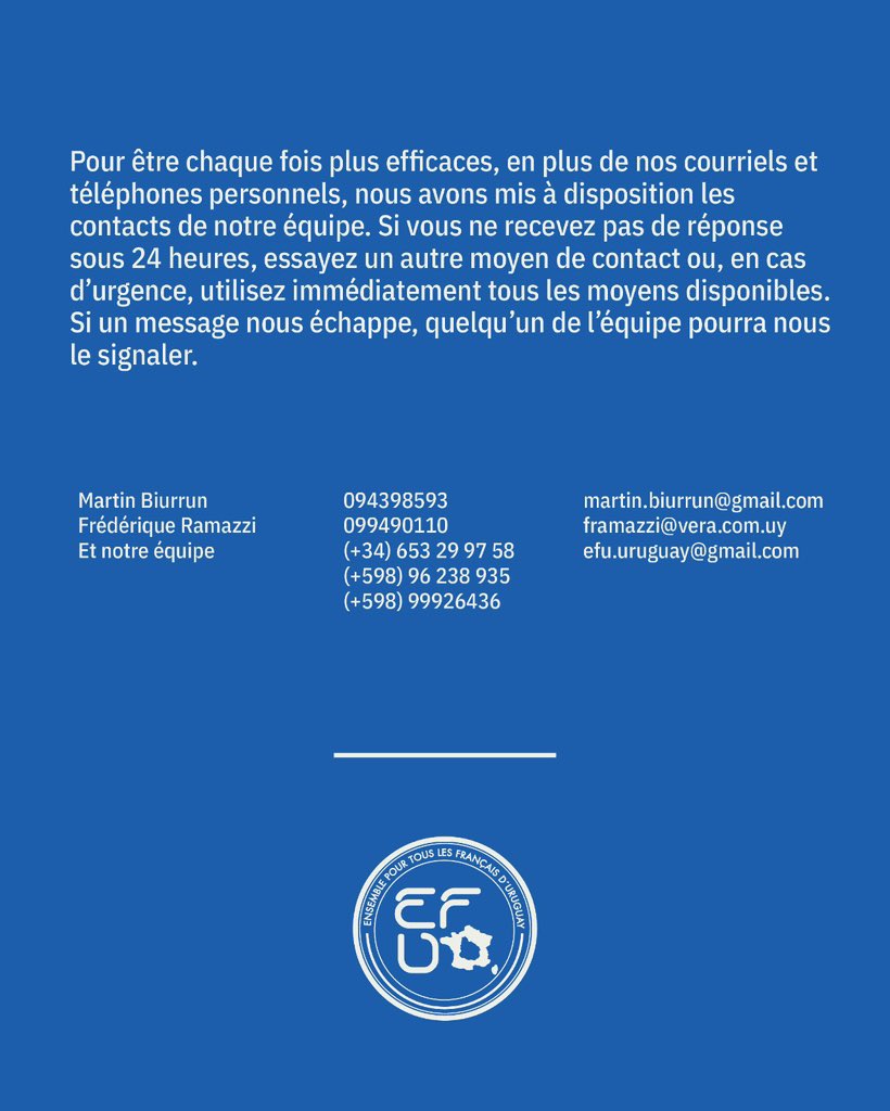 mbiurrun's tweet photo. 🇫🇷🗳️ Ce mois de mai auront lieu les élections des Conseillers des Français de l’Étranger !

Nous vous invitons à renouveler votre confiance en notre équipe, présente dans les commissions consulaires depuis 2011 et élue depuis 2014 au Conseil consulaire, depuis 2021 à l’Assemblée des Français de l’Étranger et depuis 2022 au conseil d’administration de l’AEFE.

Découvrez ici nos réalisations, nos propositions ainsi que les domaines dans lesquels nous souhaitons redoubler d’efforts afin de continuer à vous représenter et à défendre vos intérêts.

📍 Vote à l’urne le 30 mai à l’Ambassade de France à Montevideo  
💻 Vote par internet du 22 au 26 mai inclus  
⏰ Le portail de vote en ligne fermera le 27 mai à 7 h (heure de Montevideo).
