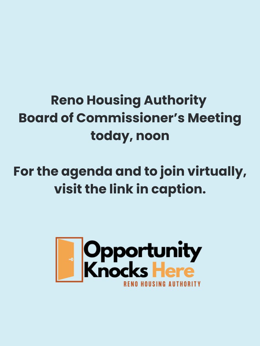 RHAHousing's tweet photo. Reno Housing Authority Board of Commissioners meets today, May 15, at noon.

For more information and to participate virtually view the agenda here: https://t.co/Pp2rFpv2vo https://t.co/Pn6D4SOnLd