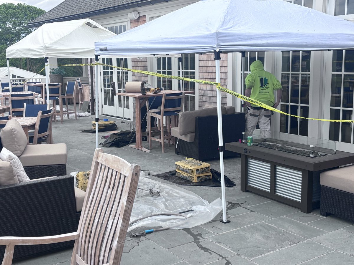 GilraceMasonryI's tweet photo. Structural steel + waterproofing retrofit at Tedesco Country Club, Marblehead MA.
Bluestone removal, slab demo, steel anchor install, reinforced waterproofing, grout, stone fitting &amp; joint restoration while protecting occupied space below.
#Masonry waterproofing Boston 
#gilrace https://t.co/0HXEH9KH4u
