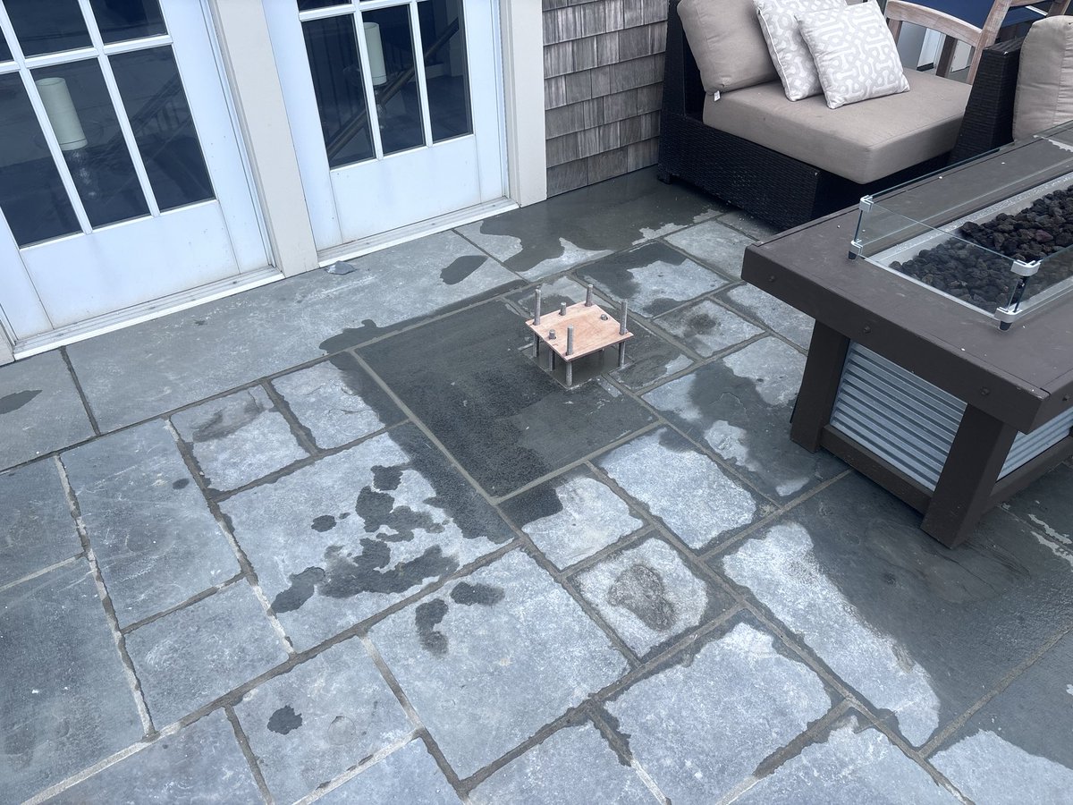 GilraceMasonryI's tweet photo. Structural steel + waterproofing retrofit at Tedesco Country Club, Marblehead MA.
Bluestone removal, slab demo, steel anchor install, reinforced waterproofing, grout, stone fitting &amp; joint restoration while protecting occupied space below.
#Masonry waterproofing Boston 
#gilrace https://t.co/0HXEH9KH4u