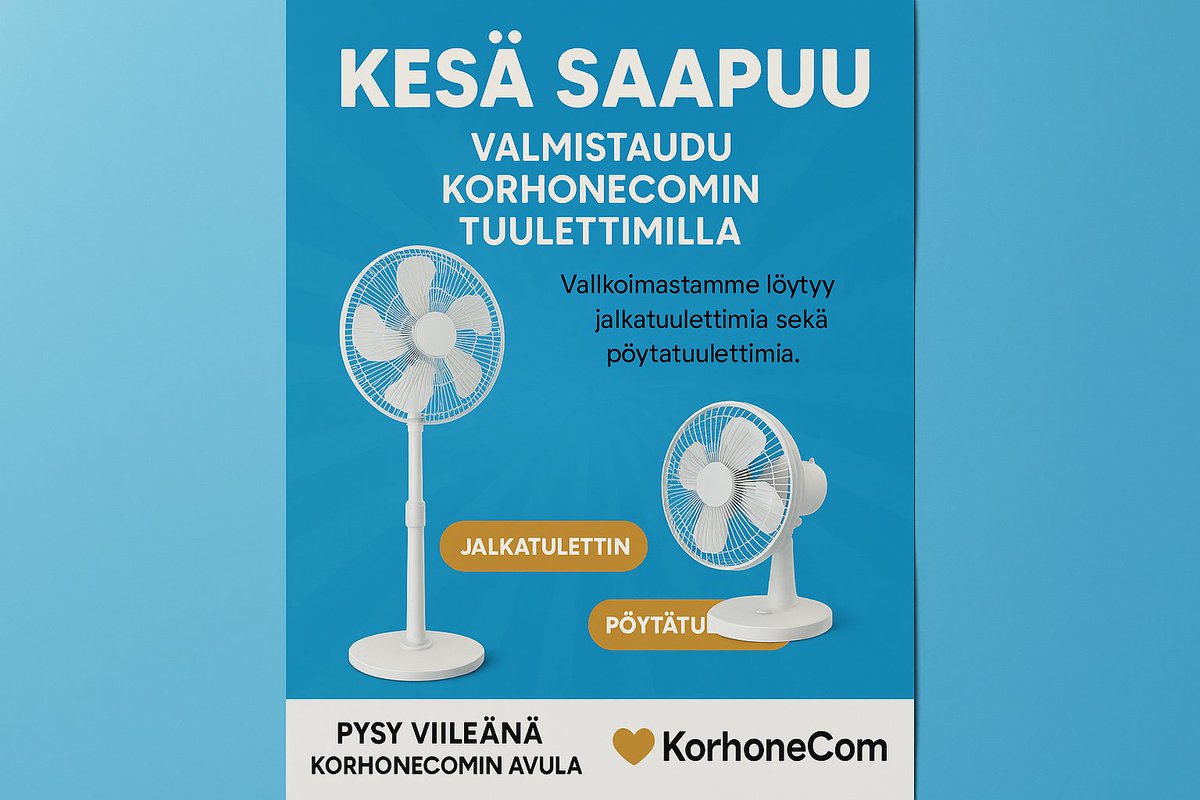 KorhoneCom's tweet photo. Kesä saapuu ☀️
Pysy viileänä KorhoneComin tuulettimilla! 🌬️
Jalkatuulettimet &amp; pöytätuulettimet nyt valikoimassa 👉 https://t.co/WvgQTLgVxn

#tuuletin #kesä #helteet #viilennys #korhonecom #koti #ilmankierto https://t.co/qTFb22sVKr