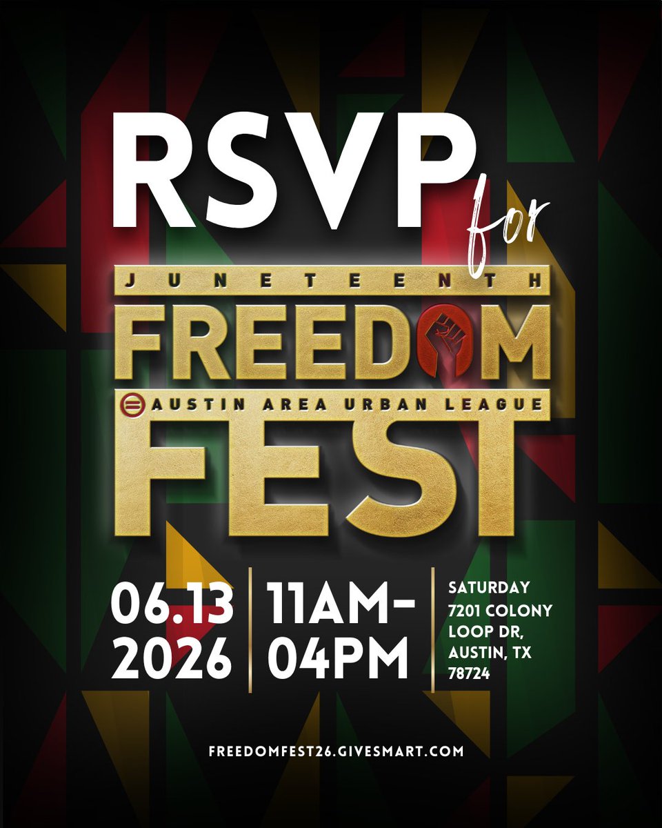 AAULTX's tweet photo. RSVP Today! On June 13, the Austin Area Urban League is bringing our community together to celebrate Juneteenth, our history, our freedom, and the legacy we carry forward.

🎟 RSVP here: https://t.co/WJ5ZWaAYBf https://t.co/0JNXso9tu7