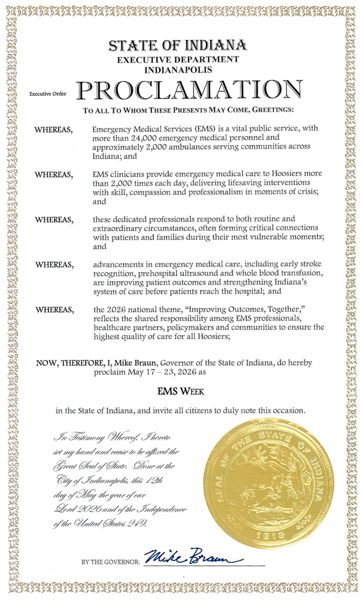 IDHS's tweet photo. @GovBraun has officially proclaimed this week as EMS Week in Indiana. Throughout the week, we will be sharing stories that highlight the incredible people behind Indiana EMS. Read their stories and learn more at https://t.co/HfRYpKlBtz.

#EMSWeek #IndianaEMS https://t.co/wniURusLG4