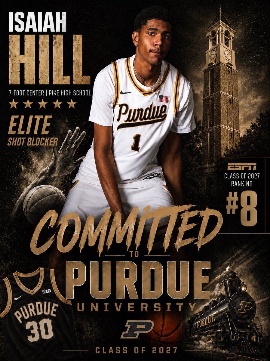 BoilerBurner1's tweet photo. Commit: Isaiah Hill
Ranking: ⭐️⭐️⭐️⭐️⭐️
Hometown: Indianapolis, IN.
Class: 2027. 
Height/Weight: 7’0, 205. 
Notables: #2 C in class of 2027 and #8 overall player, per ESPN. 
Accolades: Marion County POY (2026), 2025 Peach Jam champion. 
2026 Pike HS averages: 12 points, 10 rebounds, 4 blocks. 
Offers: PURDUE, Louisville, lil bro, Notre Dame, Illinois, Syracuse. 

BB Comp: Kel’el Ware (Miami Heat). 

Hill has near identical height (7’0), weight (205 vs. 230), wingspan (7’4”) and vertical (36”) as Ware and plays a very similar game (shot blocking, 3-pt shooting and catching lobs). 

Rankings as HS seniors:
Ware: 7 overall, 3rd center. 
Hill: 8 overall, 2nd center. 

One thing Hill is already better at than Ware is running the floor - Hill is faster and runs like a gazelle. IMO, Hill will be drafted higher than #15 in the NBA draft (Ware’s draft spot) whenever he declares. 

The state’s BEST play at PURDUE. 

🚂🏀