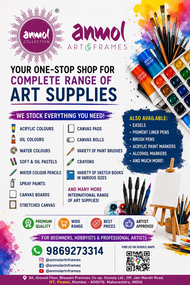 anmolartnframes's tweet photo. 🎨 Artists, students &amp; hobbyists
🖌 Acrylics
🎨 Watercolours
🖍 Pastels
📚 Sketchbooks
🖊 Brush Pens
🖼 Canvas
✨ Alcohol Markers &amp; much more!
📍 IIT Powai, Mumbai
📞 9869273314
📲 @anmolartnframes
#ArtSupplies #Mumbai #Artists #Painting #Sketching #Powai #ArtMaterial https://t.co/qKTytMnbvA