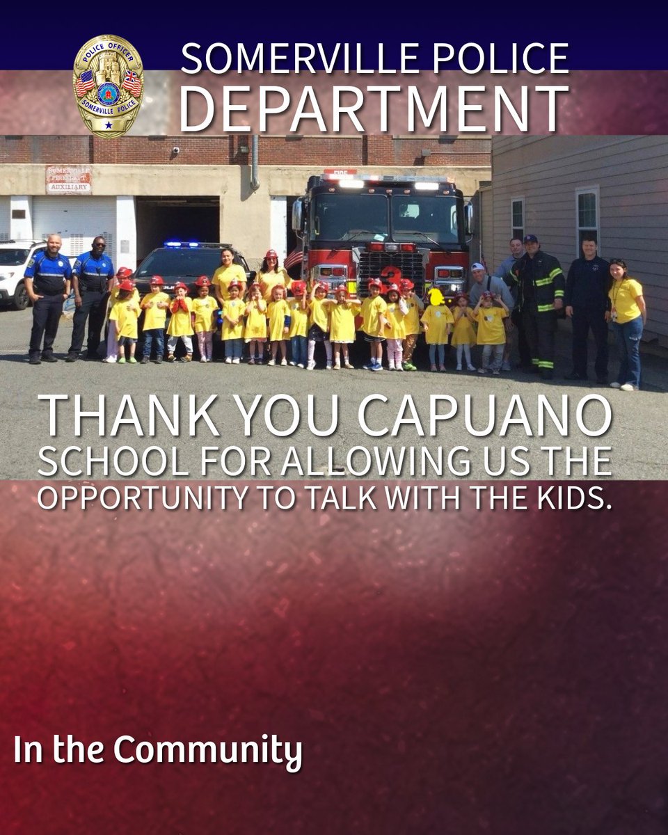 SomervillePD's tweet photo. SPD in the Community!

The Somerville Police and Fire departments teamed up for an epic, hands-on field trip with Capuano School pre-K students! Thank you Capuano School for allowing us the opportunity to talk with the kids about how great a career in public safety can be! https://t.co/icClShoEDR
