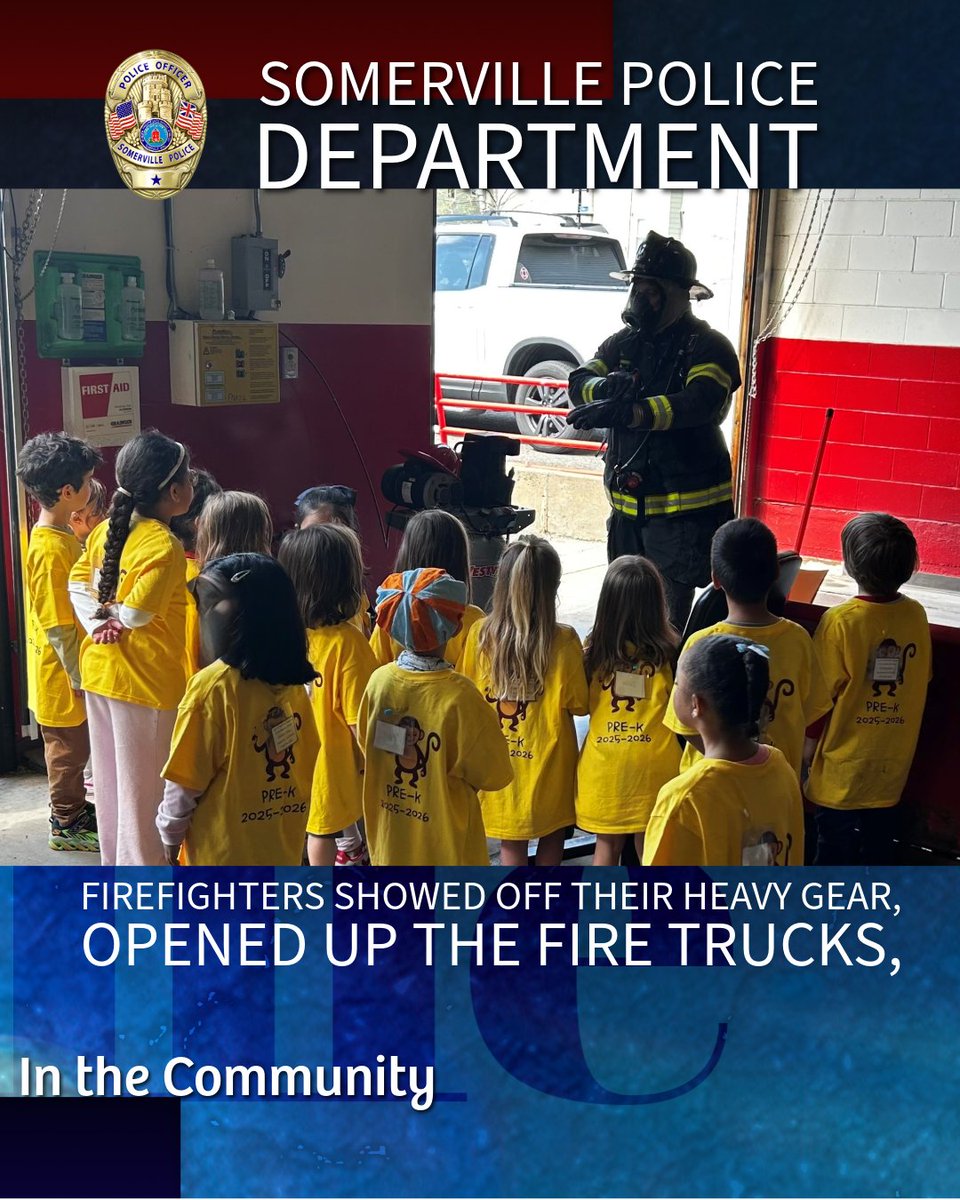 SomervillePD's tweet photo. SPD in the Community!

The Somerville Police and Fire departments teamed up for an epic, hands-on field trip with Capuano School pre-K students! Thank you Capuano School for allowing us the opportunity to talk with the kids about how great a career in public safety can be! https://t.co/icClShoEDR
