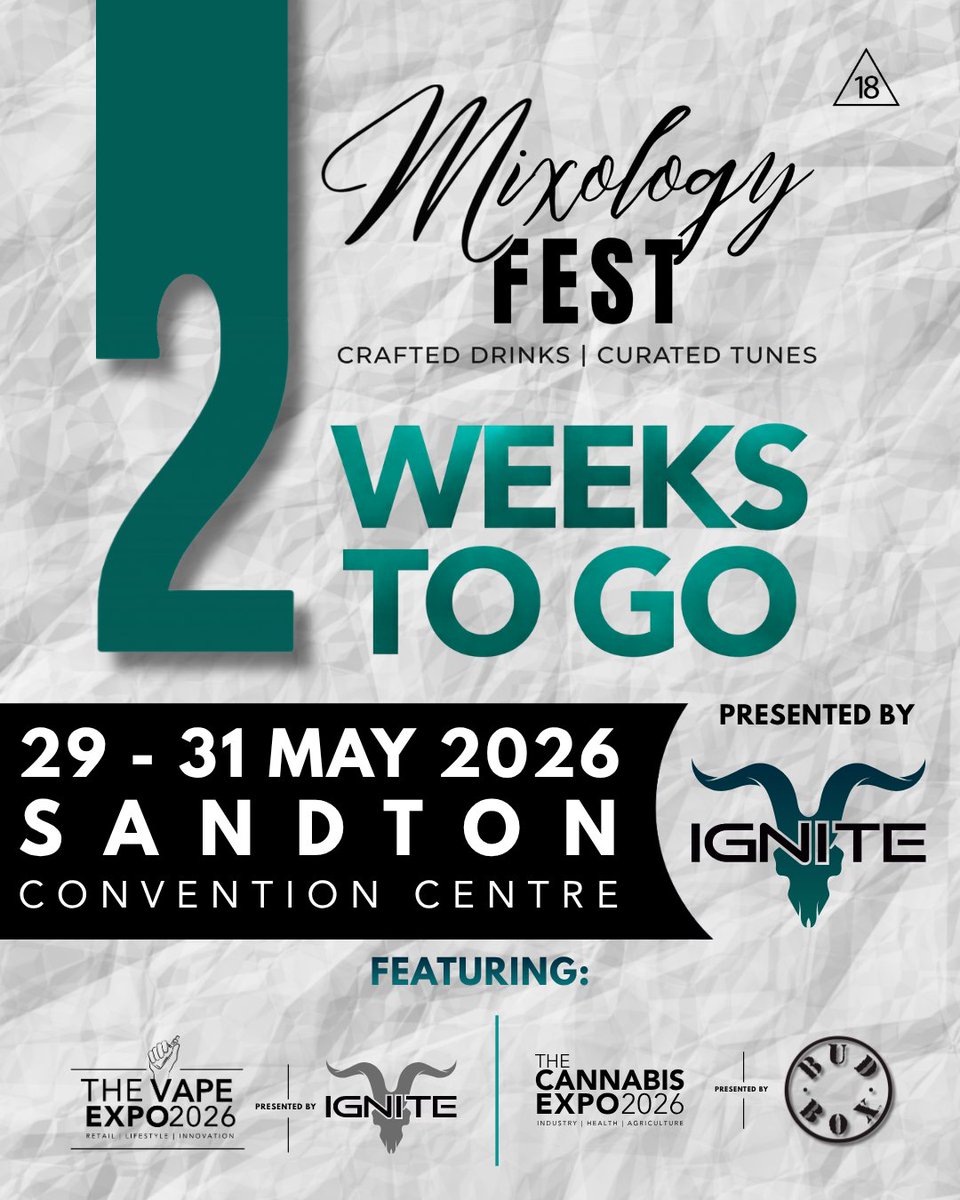 Mixology_Fest's tweet photo. 2 weeks to go!

IGNITE Spirits comes onboard as presenting partner for Mixology Fest 2026.

From 29-31 May, Mixology Fest takes over the Sandton Convention Centre.

Tickets available now:
https://t.co/HLAR8Vkl0P https://t.co/wSLk2l1UYT