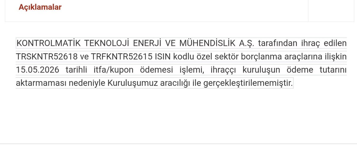 kontrolmatik, toplam tutarı 450m tl olan iki tahvilde ödeme