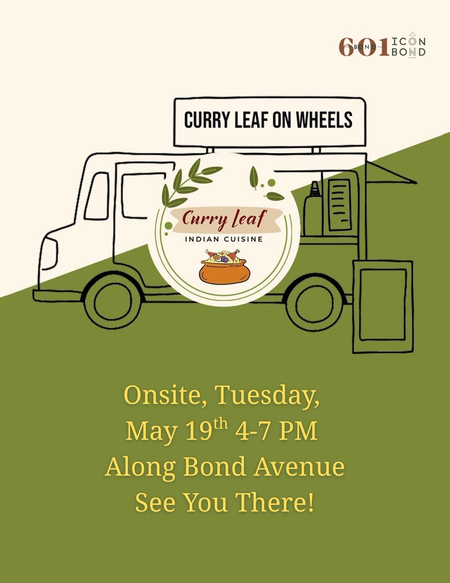 IconOnBond's tweet photo. Spice up your Tuesday plans 🌶️🚚 Curry Leaf On Wheels will be onsite Tuesday, May 19th from 4:00 PM – 7:00 PM serving up delicious flavors you won’t want to miss! Stop by, grab dinner, and enjoy a tasty evening right here in the community. 🍛✨ https://t.co/9J1U9PSyzm