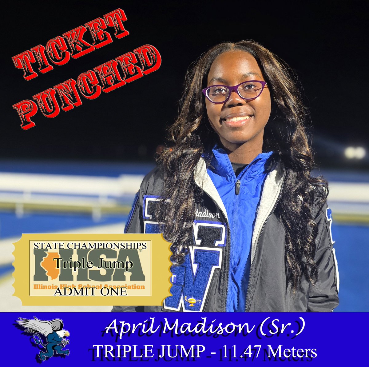 lwegirlstrack's tweet photo. I.H.S.A. Sectional Championships:
Next up in the Field Events, April Madison (Sr.) takes her first Triple Jump since February almost picking up right where she left off with a leap of 11.47 meters and well over the State Qualifying Standard. Great job April! #GoEast #GoBlue https://t.co/TCJ9dHbhgp
