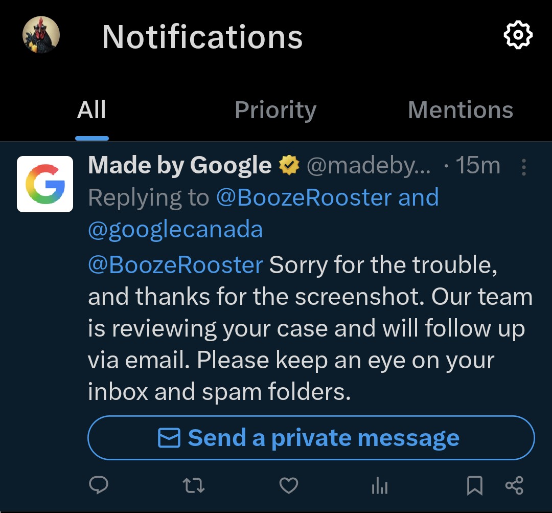 BoozeRooster's tweet photo. See? Exactly what I’m talking about. Just another "wait" while my $408.80 is on the line and I am stuck with an unusable watch. It ignores the 3 weeks of history and the UPS proof. The loop continues. @googlecanada @madebygoogle https://t.co/wYY4gC8V4E