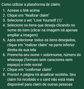 berrycegs's tweet photo. CEG INTERNACIONAL
- Set: Love Yourself (1)
- Valor: R$28,00 cada
- Pagamento: Imediato assim que fechar o set
- Claim: https://t.co/aEL4DwkbZ4
- Feedbacks no fixado
- Disponibilidade de cards: consultar na plataforma
- Instruções de como usar a plataforma na segunda imagem https://t.co/MTU3rSCC97
