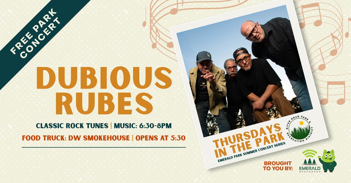 EmeraldFiber's tweet photo. For the 3rd year in a row, Emerald Broadband is the title sponsor for all of Emerald Park's free live music events, including the weekly Thursdays in the Park EVERY THURSDAY.  It all kicks off with the Dubious Rubes on June 25th!

#eugeneoregon #emeraldpark #EmeraldBroadband https://t.co/rHVTAl7adk