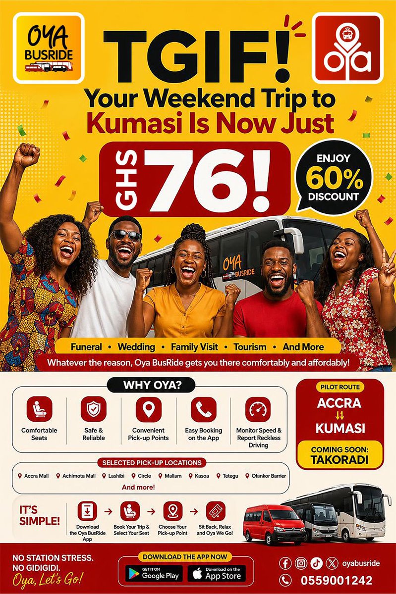OyaBusRide's tweet photo. TGIF! 

Weekend plans loading…
Funeral, wedding, party, or just visiting family in Kumasi?

Now you have every reason to travel!

This May, Oya BusRide is taking you from Accra to Kumasi for just GH₵76 — that’s 60% OFF the usual price! #intercitytravel #travel #oyabusride https://t.co/udAh5AxBzo