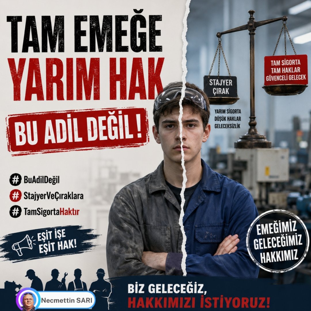 HasanAYDIN10187's tweet photo. 3308 nolu yasa ile kandırıldık 
Sayın
@Akparti 
@RTEdijital 
@csgbakanligi 
@myksosyalmedya 
@tcmeb_mtegm 
@tcmeb 
@iletisim 
@HMBakanligi 
@ticaret 
@TCSanayi 
@adalet_bakanlik 
@sgksosyalmedya 
@TurkiyeIsKurumu 
@AKGMTeskilat 
@AKPartiTBMMGrup 
@AKParti_GMYerel 
@TOBBiletisim
@TRombudsman 
@_cevdetyilmaz 
@isikhanvedat 
@memetsimsek 
@burhanduran 
@Yusuf__Tekin 
@kemalsamlioglu 
@_Ali_KARAGOZ 
@mahmutgurcan 
@mfatihkacir 
@yilmaztunc 
@AskinToren1 
@drbetulsayan 
@leylasahinusta 
@_ORHANTURAN 
@farukozcelikgsb 
@aliarifozzeybek 
@abdulkadirozbek 
@mkemalsayar 
@myilmaz_67 
@oznurcalik 
@ipekcoskun_ 
@idriskardas 
@EbruBaybara 
@hayatiinanc 
@sahikaercumen 
@vbozkurt55 
@acmakas
@SekibAvdagic
@TarkanZengin 
@belginuygur10 

Staj ve çıraklık dönemlerinde yıllarca çalışan, üretime katkı sağlayan binlerce insan bugün büyük bir mağduriyet yaşamaktadır. Daha genç yaşlarda iş hayatına adım atan stajyer ve çıraklar; fabrikalarda, atölyelerde, işletmelerde emek verdi, sorumluluk aldı ve çalıştı. Ancak o dönemde yapılan sigorta girişleri emeklilik başlangıcı sayılmadığı için milyonlarca kişinin hakkı görmezden gelindi.
Bizler sadece hakkımız olanın teslim edilmesini istiyoruz. Çünkü staj ve çıraklık sadece eğitim değil, aynı zamanda gerçek bir çalışma hayatıdır. Verilen emeğin yok sayılması sosyal adalet anlayışıyla bağdaşmamaktadır. Yıllardır süren bu mağduriyetin sona ermesi, staj ve çıraklık başlangıçlarının sigorta başlangıcı olarak kabul edilmesi en büyük beklentimizdir.

Hak Ortada Karar Sizde
#StajyerVeÇıraklar
#Hakkınıİstiyor