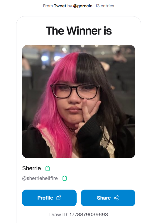 gorccie's tweet photo. Congrats @sherriehellfire on winning! I'll send you a message :'3 will try to make more raffles teheee https://t.co/JNze3eSjBw