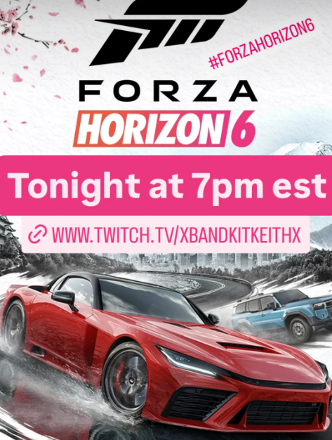 BanditKeith's tweet photo. Forza Horizon 6 tonight @ 7pm est with friends!  https://t.co/8ODFMWpz14
#twitch #twitchstreamer #fyp #forzahorizon #forza #forzahorizon6 #microsoft https://t.co/tK6tzz4RIL