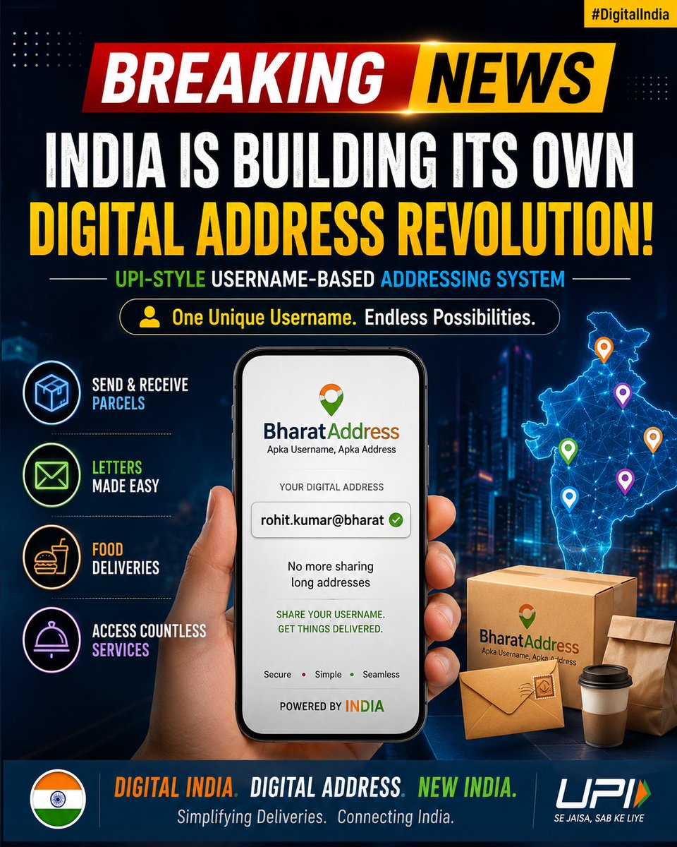 akhuman57's tweet photo. India’s Next Digital Revolution: Say Goodbye to Physical Addresses! 📦📍
#DigitalIndia #UPI #IndiaTech #TechNews #BreakingNews #DigitalAddress #Innovation #FutureOfIndia #StartupIndia #SmartIndia #IndiaInnovation #Technology #Logistics #DeliverySystem #AI #TechRevolution https://t.co/YRkmSkYe6H
