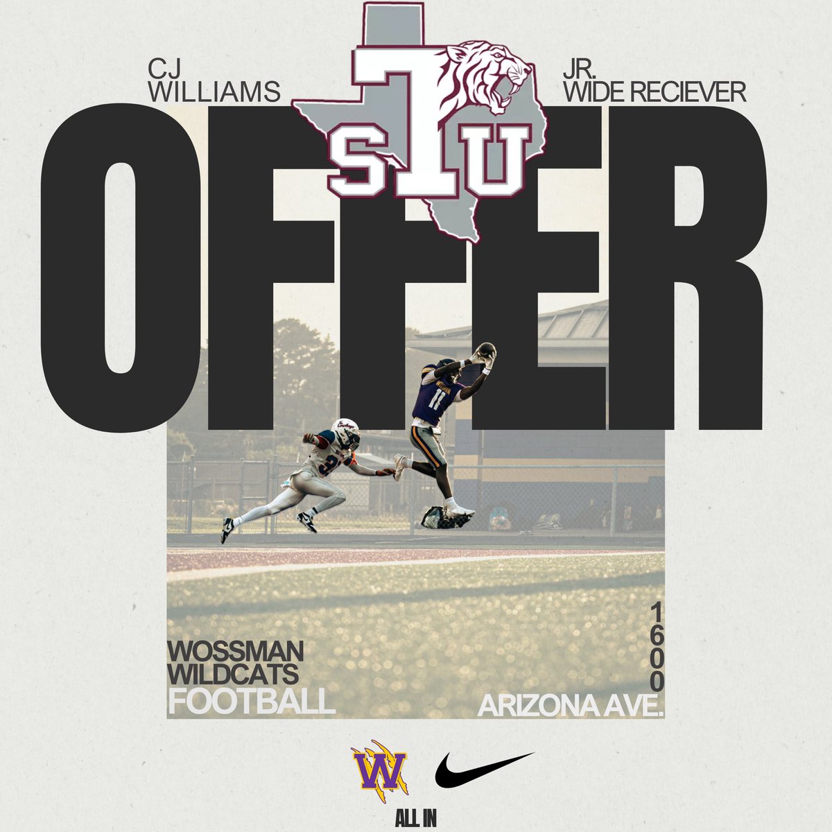 WossmanHSFB's tweet photo. Thank you @Coach_JW3 with @TSUFootball for stopping by the “Dub” to recruit and offer our big guy @caderrius__ 
#ALLIN26 #HBCULOVE #1600Arizona https://t.co/5saa9NEUH1