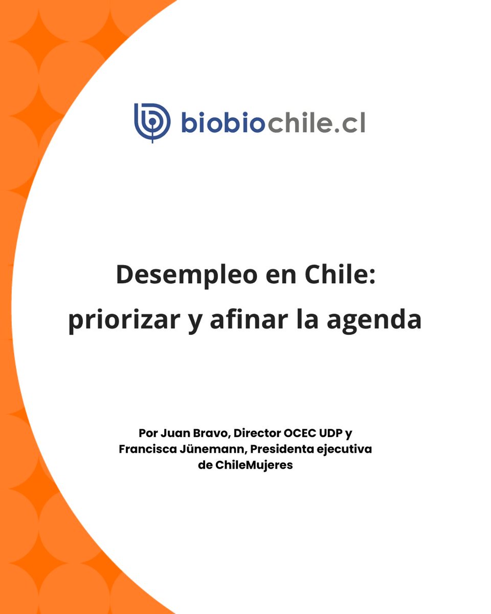 ChileMujeresOrg's tweet photo. COLUMNA ✍🏻 | “Desempleo en Chile: priorizar y afinar la agenda” @fca_junemann  y @jpbravom analizan en @biobio las causas de la cesantía y advierten su impacto en mujeres jóvenes en edad fértil y madres. 
Léela también en https://t.co/sikYXefhOJ. https://t.co/E5JJgfx8OT