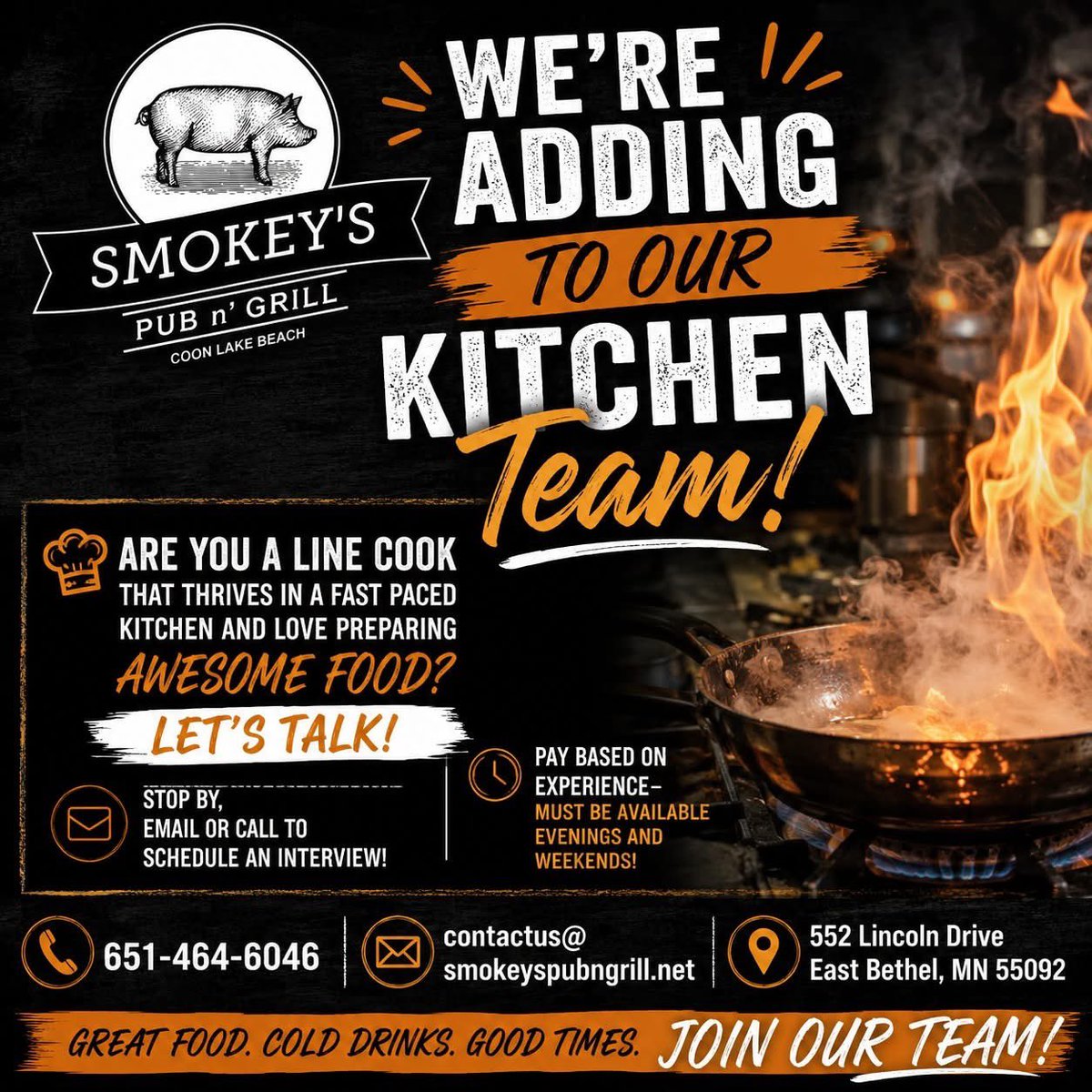 SmokeysPub's tweet photo. 🔥 Are you a ROCKSTAR line cook — or know someone who is? 🔥
Here’s your chance to jump into a fast-paced, thriving kitchen serving up awesome food at Smokey’s! 🍔🔥
If you’ve got hustle, passion, we want to talk to you!
📞 651-464-6046
📧 contactus@smokeyspubngrill.net https://t.co/PjIA8BIpPj