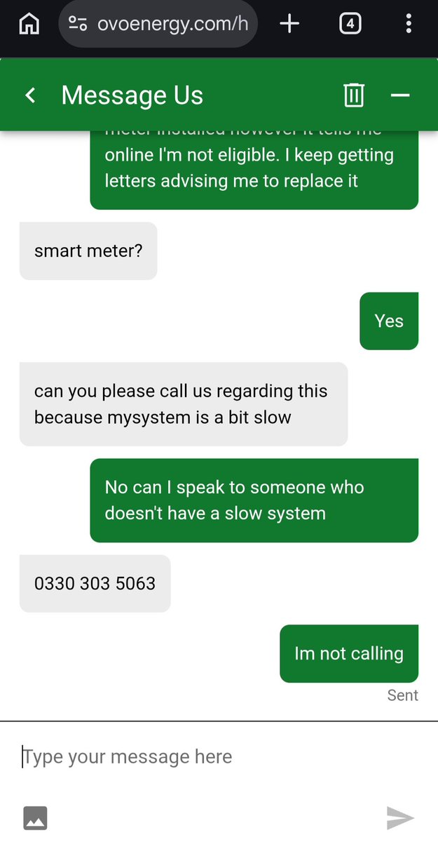 ahend__x's tweet photo. @OVOEnergy cracking customer service.. I've already spent hours on the phone, told to go online, your online portal doesn't work and this is the service in the chat.
SOS 😴 https://t.co/dH9TbLbIIC