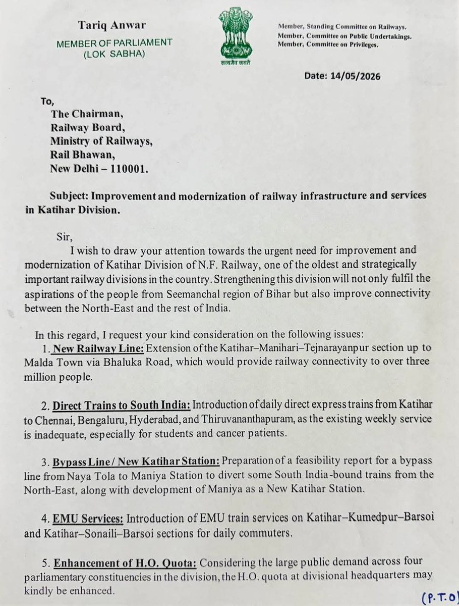KatiharWale's tweet photo. Hon'ble MP Sri @itariqanwar demanded the following services from Katihar Jn.
We are hopeful that @AshwiniVaishnaw sir will fulfil some of Katihar's long-standing demands,including a Vande Bharat Exp to Howrah &amp; South India-bound trains.
Sabka sath sabka vikas!
@drm_kir @drmhowrah https://t.co/0BUMNTyeRi