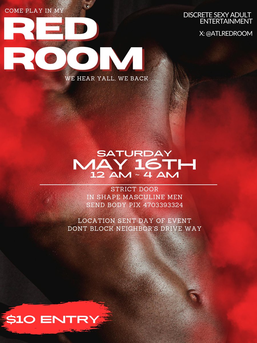 ATLRedRoom's tweet photo. WE HEARD YALL &amp; WE BACK!

TOMORROW NIGHT
ATL RED ROOM

FOR FIT INSHAPE BLACK MASCULINE MEN. SEND MESSAGE TO GET INVITE DETAILS https://t.co/8CXpc20OIL