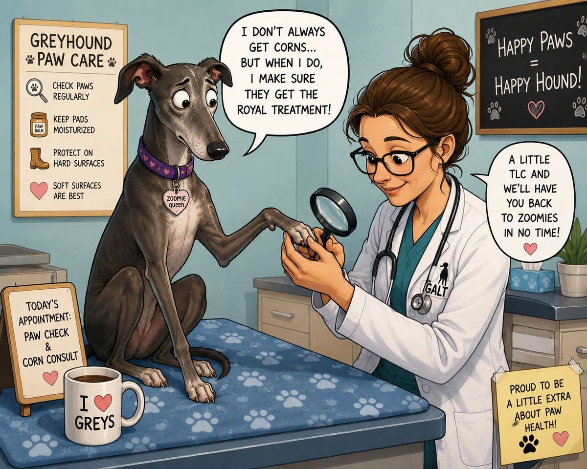 GaltxOrg's tweet photo. 🐾 Friday Fast Facts: Greyhounds can develop painful paw corns that may cause limping, especially on hard surfaces.

Booties, softer surfaces, moisturizing, and vet-guided care can help keep hounds comfortable.

More from GALT:
https://t.co/DXbcVndDpu

#GALT #Greyhounds https://t.co/N3khmHnzJ1