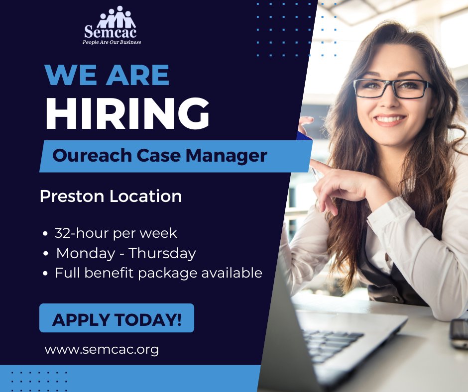 Semcac's tweet photo. Semcac is seeking a compassionate, motivated Outreach Services Case Manager to support individuals and families in overcoming challenges and building a path toward stability and independence. 
Apply today and be part of a mission-driven team!
https://t.co/dGUU2fTXzo https://t.co/JZFjTLIbF6
