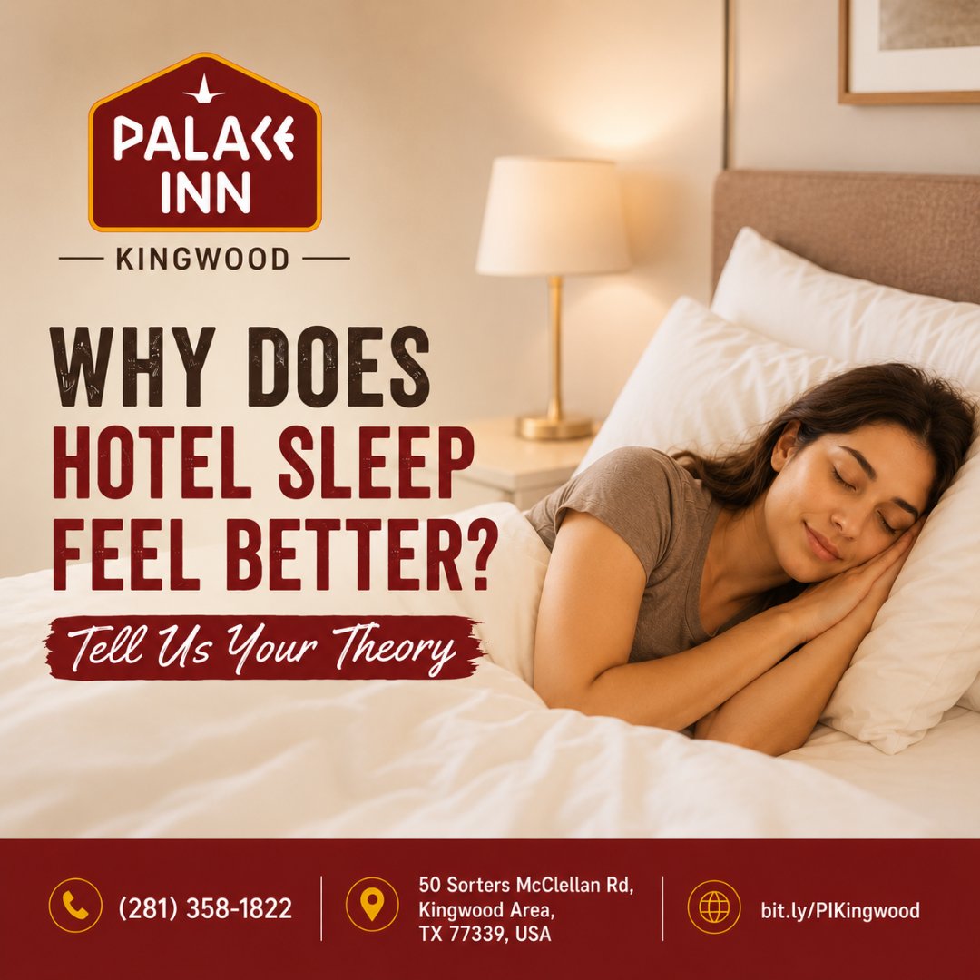 PalaceinnKTX's tweet photo. No chores, no laundry, no alarms (if you're lucky). Just a comfortable bed and peace of mind.
Do you sleep better at home or in hotels?

#HotelSleep #TravelTruth #StayCozy #RelatableTravel #KingwoodTX https://t.co/VAAh9H8m55