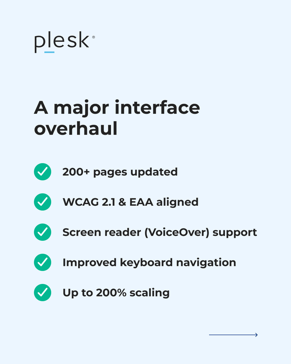 Plesk's tweet photo. Plesk Obsidian 18.0.77 

✔️ Accessibility overhaul (200+ pages) 
✔️ WCAG 2.1 alignment 
✔️ GoAccess analytics 
✔️ ACME SSL 
✔️ Major fixes 

Read the full update: https://t.co/lq4qE3DOkg https://t.co/CYJzkd0KiD